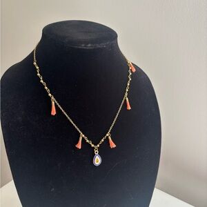 Gold Tassel Necklace with Orange Teardrop Pendant